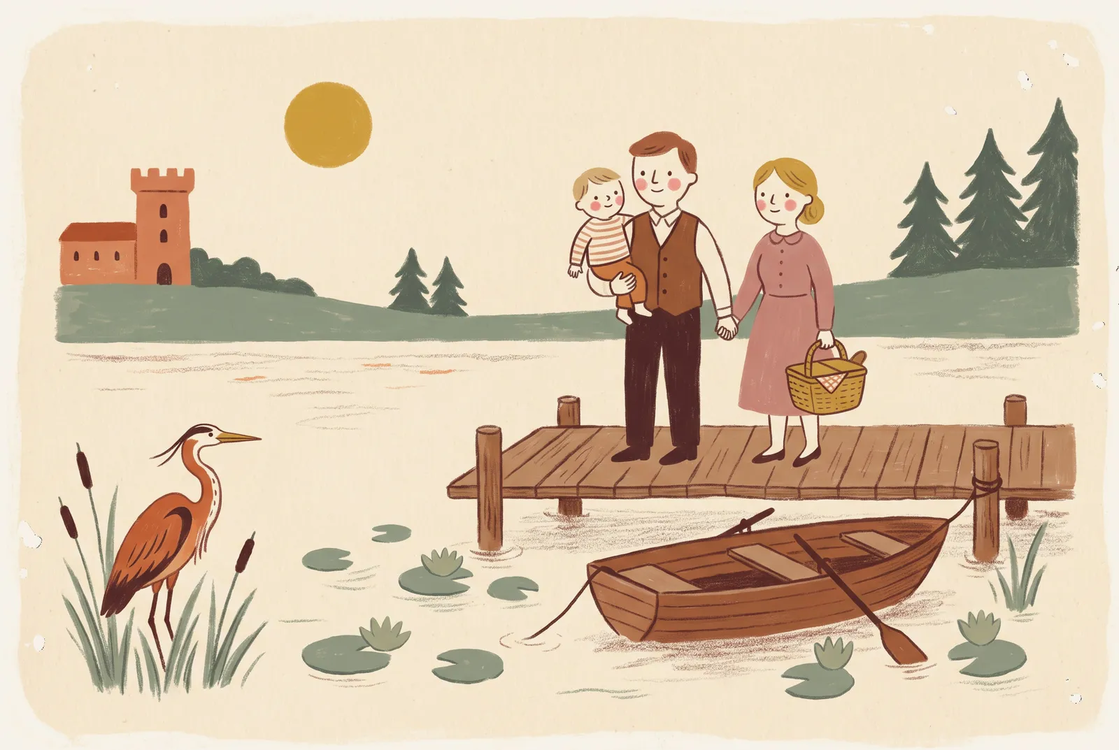 Ilustrace rodiny s kočárkem na hrázi rybníka, v pozadí zámek Hluboká a vzrostlé duby.